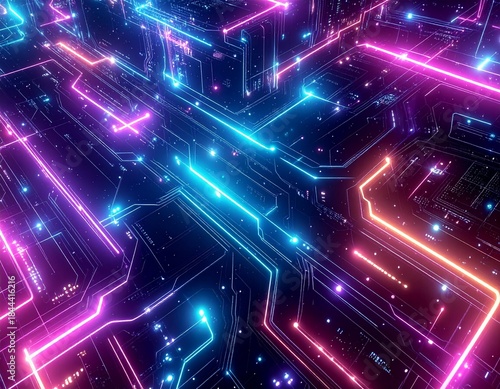 Futuristic circuit board pattern with glowing neon lines
