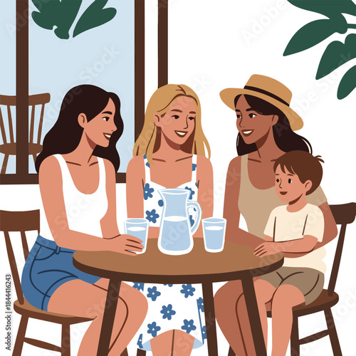 Create a realistic vector art of three women with kids sitting in a cafe in summer, white background.