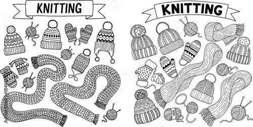 Hand-drawn collection of cozy knitted winter accessories and crafting supplies