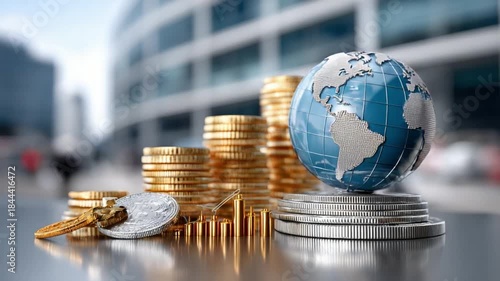 Global Finance: A symbolic representation of international finance, featuring a stack of gold coins beside a globe. 