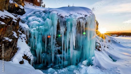 Stunning Frozen Waterfall Icicles Gleaming in Winter Sunlight.