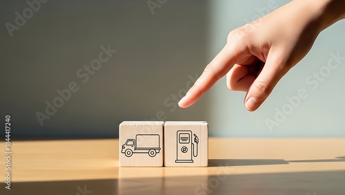 A person s hand interacting with wooden blocks featuring door illustrations on a table