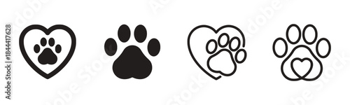 Four Paw Print Icons with Heart Designs Keywords: paw print, icon, heart, love, animal, pet, dog, cat, symbol, design, graphic, illustration, vector, black and white, simple, clean, outline
