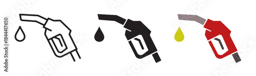 Gasoline pump nozzle icon set in different styles, including outline, solid fill, and color variations