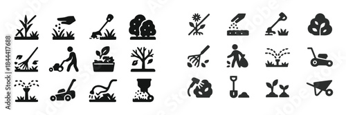 Gardening equipment and tools for growing plants and landscaping service icons