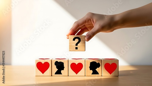 A hand holding a question mark block above heart and silhouette blocks on a wooden table with a white background