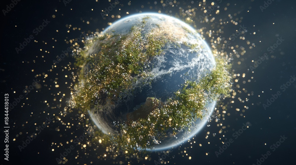 Obraz premium Globe Surrounded by Sparkling Particles and Greenery Representing Nature and Technology Harmony in Space Environment