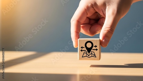 A hand holding a wooden cube with a black logo or symbol on it above a table with a blurred background