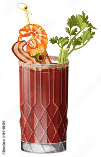 Bloody Mary Cocktail with Shrimp, Bacon, Celery, Olive and Salt Rim in Tall Glass – Loaded Vodka Tomato Juice Drink Vector Illustration