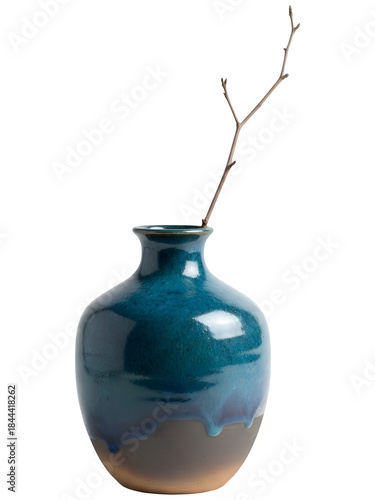 Glazed Blue-Green Ceramic Vase with Single Twig (High Gloss)