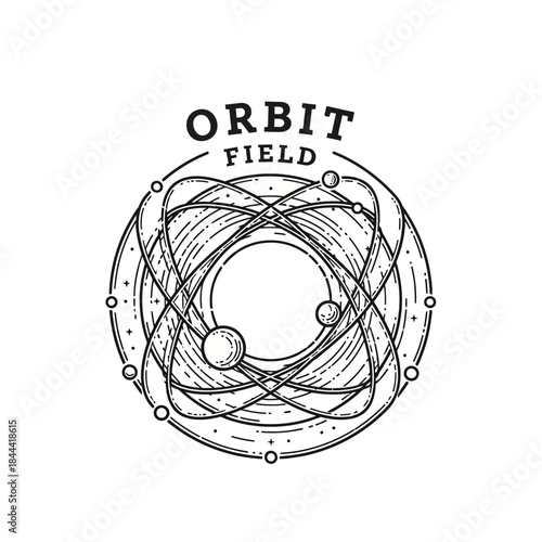 Orbit Field Logo with Atomic Structure and Planets.