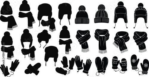 Stylish collection of black winter clothing silhouettes featuring hats, scarves, and gloves