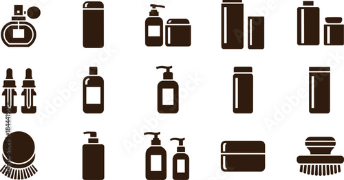 Cosmetic packaging silhouette icon set, beauty skincare bottles and containers collection isolated on white background for branding design use