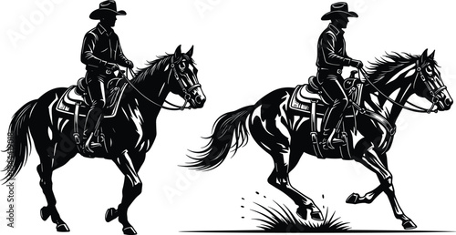 Cowboy riding horse silhouette set, western equestrian action illustration isolated on white background for ranch rodeo design