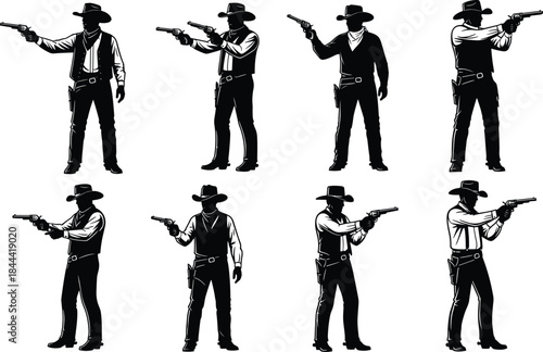 Cowboy gunslinger silhouette collection featuring western outlaws with revolvers in action poses, vintage Wild West illustration set