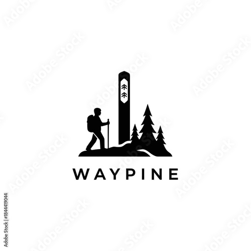 Waypine Logo with Hiker, Pine Trees, and Signpost.