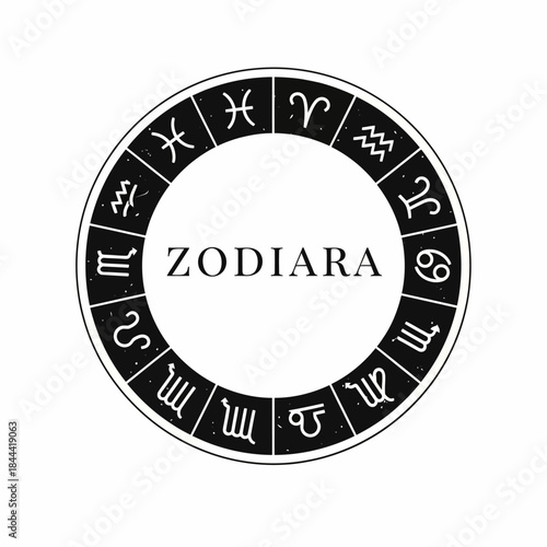 Zodiac Wheel with Astrological Signs and Zodiara Text.