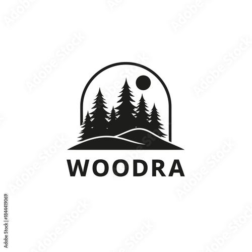 Woodra Logo with Pine Trees and Moon in a Forest Landscape.