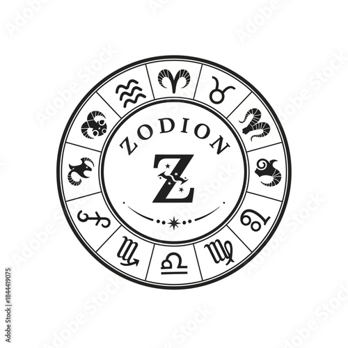 Zodiac Wheel with Astrological Signs and Zodion Z Lettering.