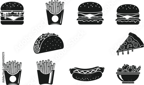 Fast food silhouette icon set with burgers fries pizza taco hot dog, junk food illustration isolated on white background