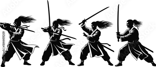 Samurai warrior silhouette set performing sword fighting poses, Japanese martial arts katana illustration isolated on white background
