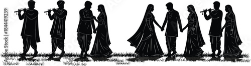 Traditional Indian wedding procession silhouette, bride and groom walking with musicians, cultural marriage ceremony illustration isolated on white background
