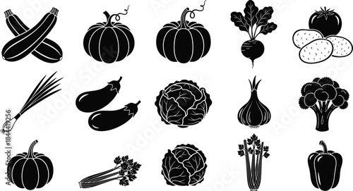 Vegetable silhouette icon set, fresh organic farm produce collection isolated on white background for healthy food design use