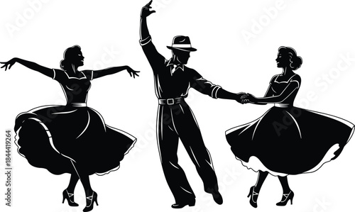 Vintage swing dance silhouette illustration, retro jazz dancers performing classic ballroom moves isolated on white background for design use