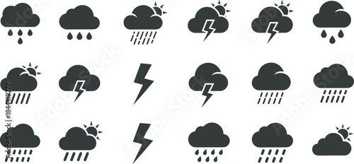 Weather icon set silhouette showing rain clouds thunder lightning and sun, modern forecast symbols illustration isolated on white background