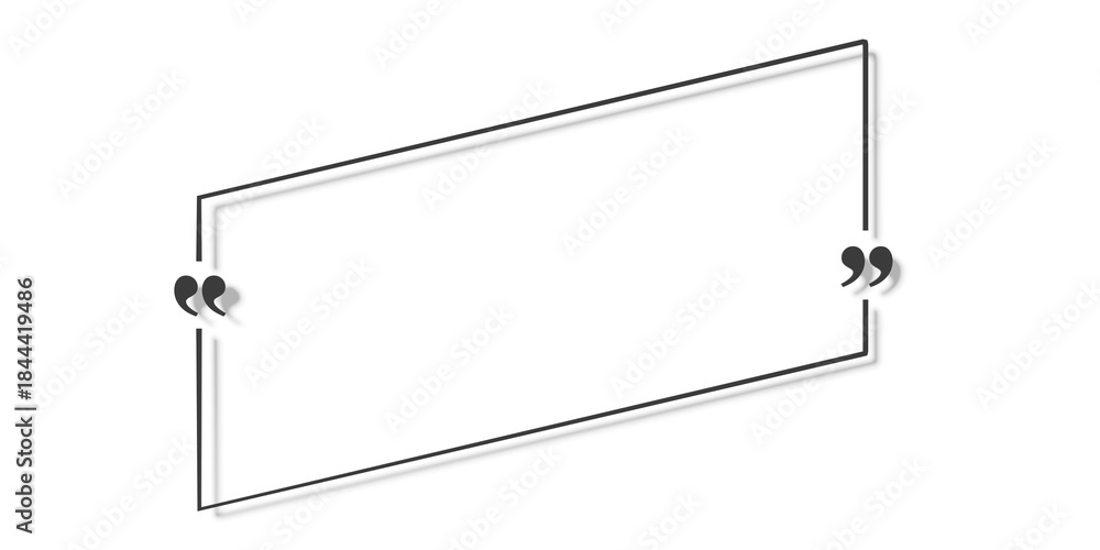 Obraz premium Black quotation marks in cutouts of skewed line rectangle frame on white background, quote template with copy space