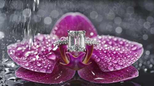 Elegant top-down view in slow motion showing a classic emerald cut diamond ring resting on a vibrant purple orchid while fine water mist sprays softly across the composition cut, motion, opulence