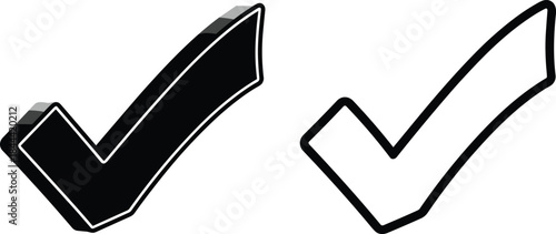 Set of black check mark icons with solid 3D and flat outline styles for user interface design, approval concept symbols and creative graphic elements