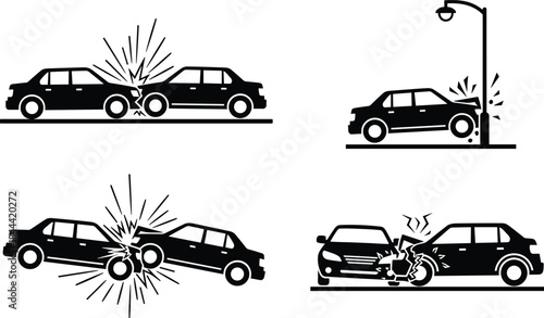 Set of black car accident silhouettes featuring head on collision, crashing into street light and vehicle smash for auto insurance claim vector illustration design icon