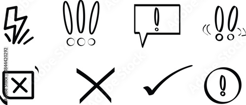 Hand drawn exclamation marks and check symbols. Comic doodle set including lightning, cross, and warning signs.