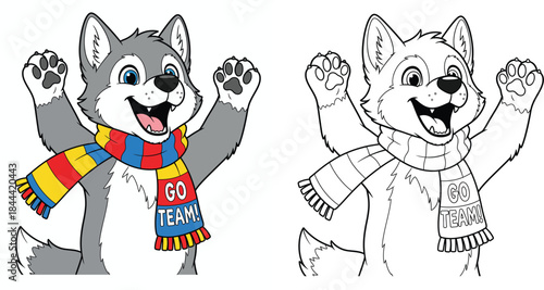 A cartoon husky dog mascot wearing a Go Team scarf is cheering Vector art of a happy wolf creature For a coloring book this adorable animal sports fan raises its paws in both color and outline