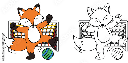 A cute cartoon fox kicks the ball into the goal while playing soccer A humorous vector image of an animal mascot Isolated on a white background in both color and black and white outline versions