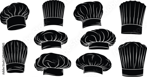 Set of black chef hat silhouettes vector icons isolated on white background for restaurant menu design cooking logo and professional bakery branding graphic elements