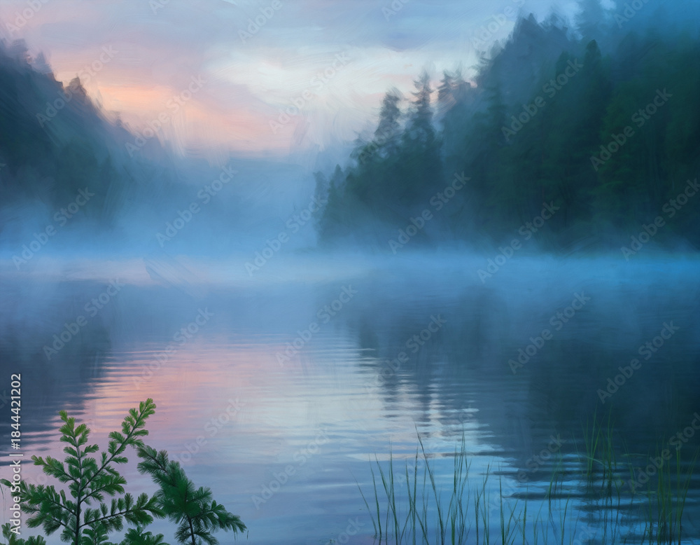 Fototapeta premium Ethereal morning mist drifts over a serene, painterly lake, flanked by a dense forest. Soft sunrise hues reflect on calm waters, evoking peace, mystery, and untouched natural beauty.