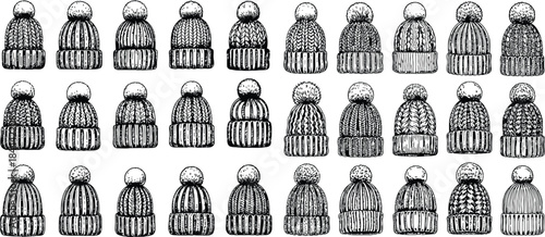 Collection of hand-drawn knitted winter hats with pom-poms, a cozy monochrome pattern