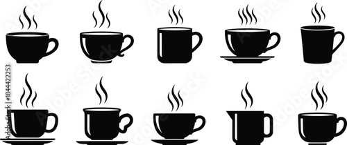 Set of black coffee cup silhouettes, vector icons of steaming mugs and tea cups for cafe menu, breakfast restaurant, branding, and hot beverage design