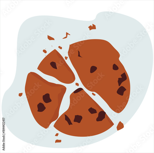broken cookies. Bitten chocolate chip cookie. Crunch homemade brown biscuit broken with crumbs. 
