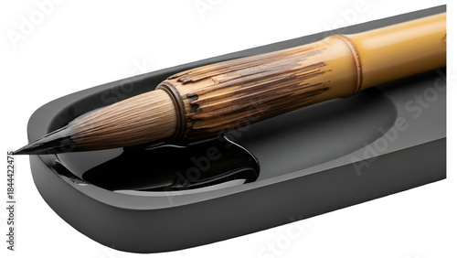 Bamboo Calligraphy Brush on Black Ink Stone (Close-up)