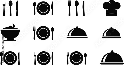 Set of black dining icons including cutlery sets plates serving cloche and chef hat silhouettes isolated on white background for restaurant menu design elements