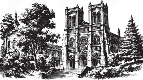 Black and white architectural engraving of a historic cathedral. Detailed vector illustration features intricate stonework and trees in a classic style.