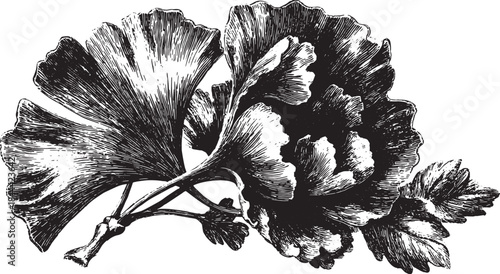 Ginkgo flower botanical illustration in vintage black and white style. Detailed vector art showcasing nature's beauty in a graphic set.