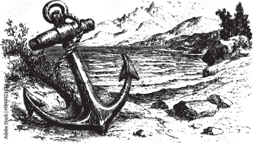 Anchor on the shore near a lake. Vintage black and white vector illustration captures a scenic outdoor landscape with mountains and trees in the background.