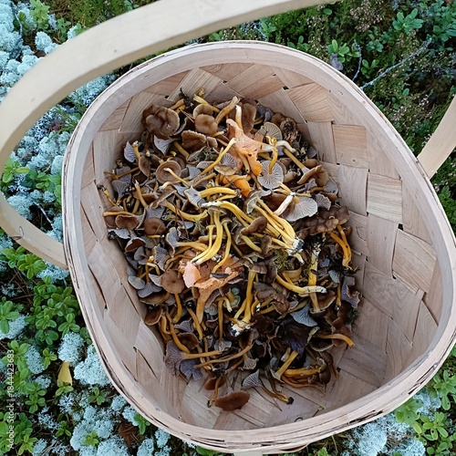 Basket of wild forest mushrooms on mossy ground