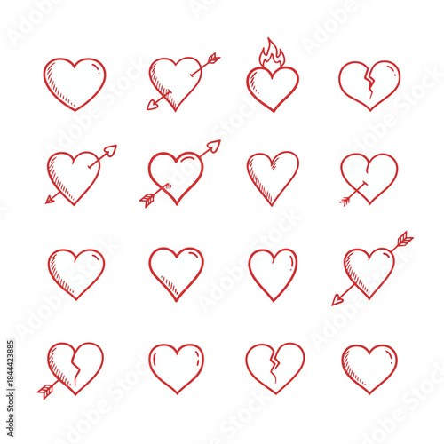 Colección de corazones dibujados a mano en estilo boceto rojo, con diferentes formas y texturas. Diseño romántico ideal para San Valentín, amor, tarjetas, invitaciones y proyectos creativos.