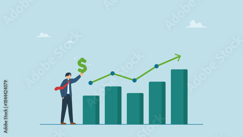 Businessman hold dollar with growth chart. Sales person, marketing or investment professional, earning profit or sale commission money, growth planning or success financial advisor.