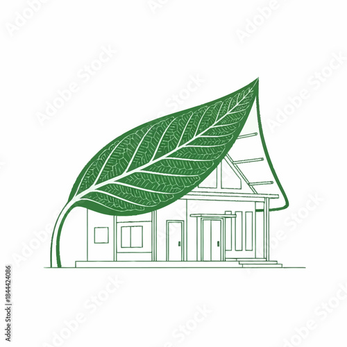 Eco-friendly house protected by a large green leaf, symbolizing sustainable living.